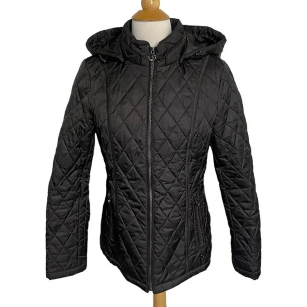Laundry by Design Black Quilted Hooded Jacket Full Zip Womens Size Medium